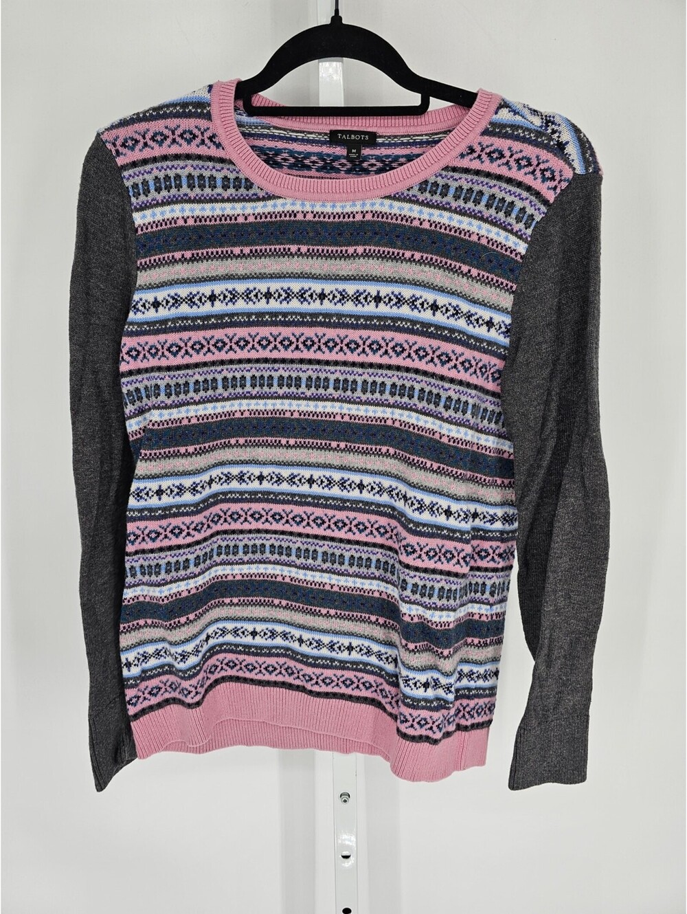 Talbots Womens Sz M Wool Blend Crew Ne ck Sweater Gray Pink Holiday Print
